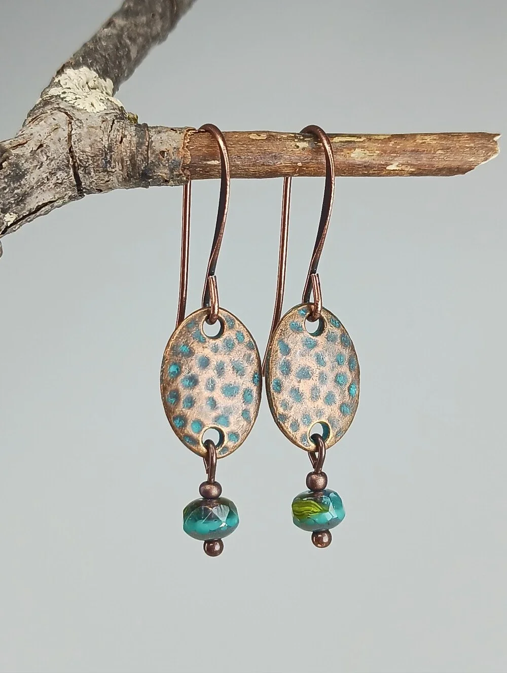 Patina Copper Earrings Turquoise Czech Glass Rustic Artisan Hand Crafted